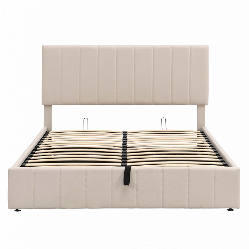 Lit plateforme tapissier avec système de rangement hydraulique, Grand, Beige