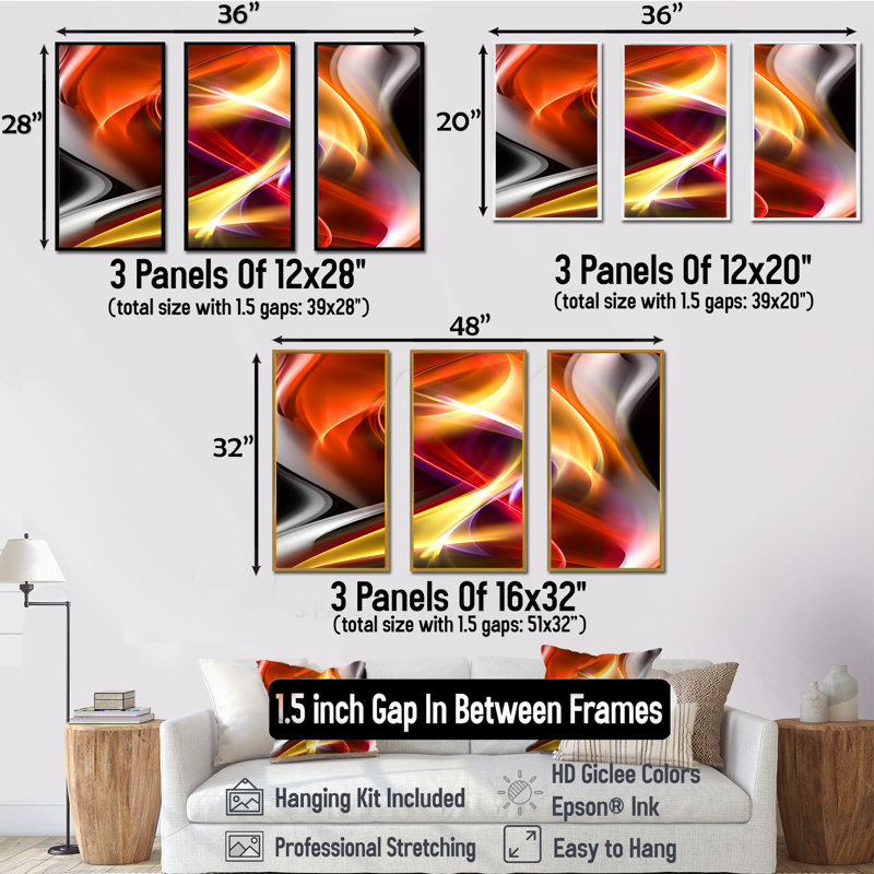 Ornement gris - ensemble de 3 toiles abstraites encadrées sur toile, L 36 po x H 20 po, Encadrement doré