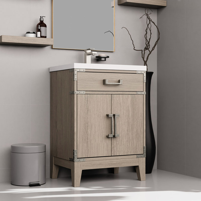 Meuble-lavabo en chêne gris l 24 po x P 18 po avec comptoir en acrylique, robinet, 18 po Miroir pour salle de bain simple 24 h inclus