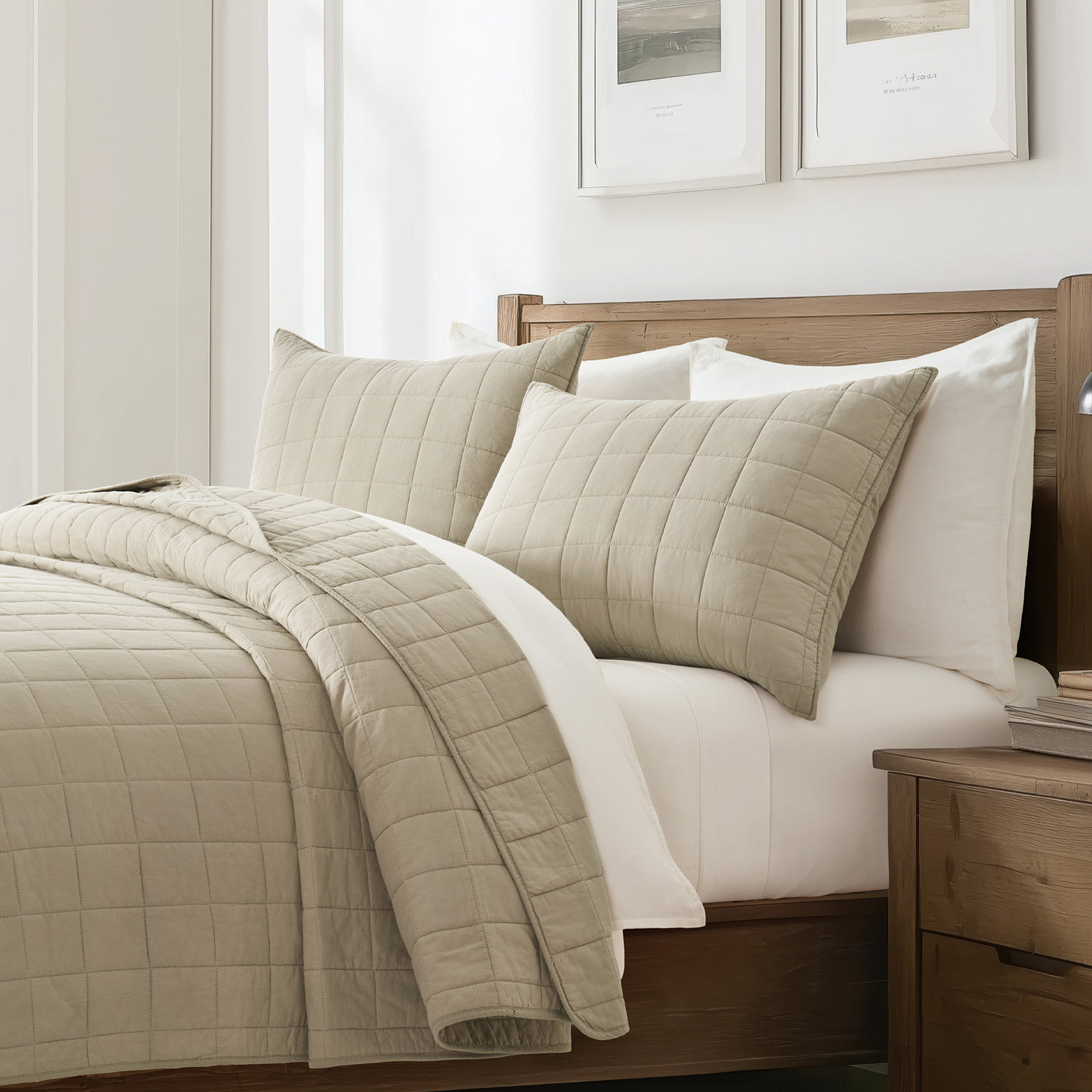 100% Cotton Box Stitch Quilt Set, Khaki Tan, King Quilt + 2 King Shams