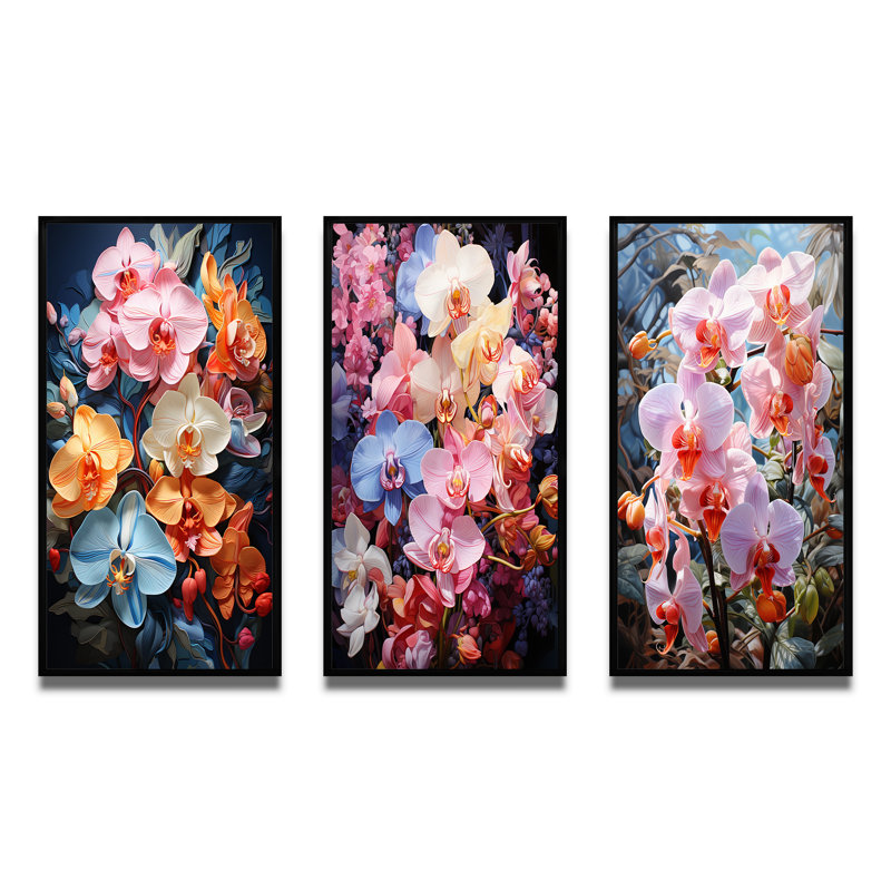 «Colorful Orchids Tropical Allure Uses», 3 pièces sur toile, Cadre flottant noir, H 20 po x l 36 po