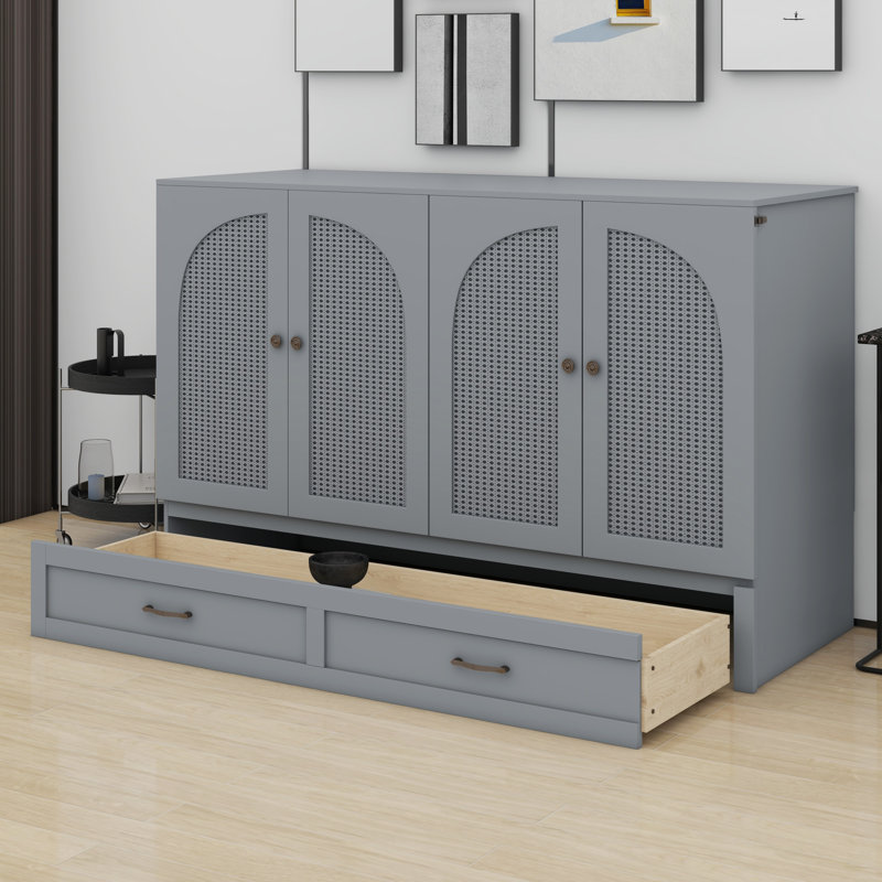 Lit escamotable avec grands tiroirs Murphy, Gris, Grand lit