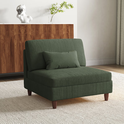 Upholstered Green Corduroy Armless Chair with Pillow Back,  Module Part For Sectional Sofa