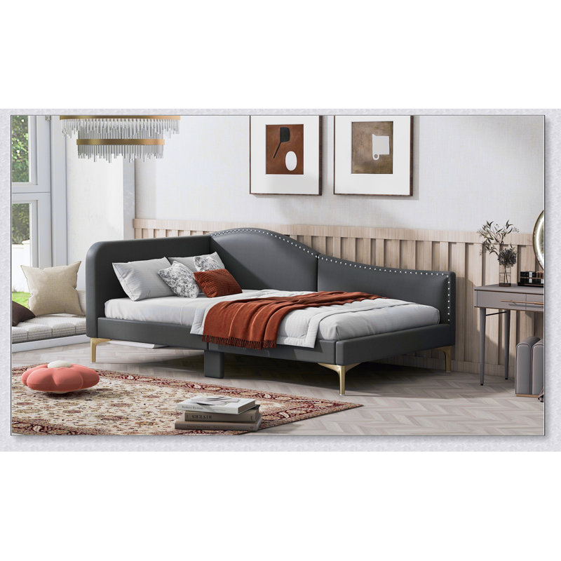 Upholstered Daybed With Headboard And Armrest, Support Legs, Grey, Twin