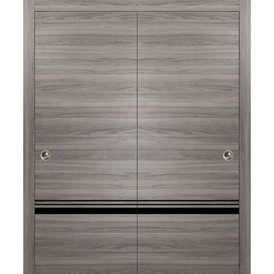 Portes coulissantes de placard Planum 0012 Frêne gingembre, rails de montage supérieurs robustes, moulures, garnitures, quincaillerie, bois massif, portes de placard de chambre à coucher - 64 po x 84 po (2 x 32 x 84)