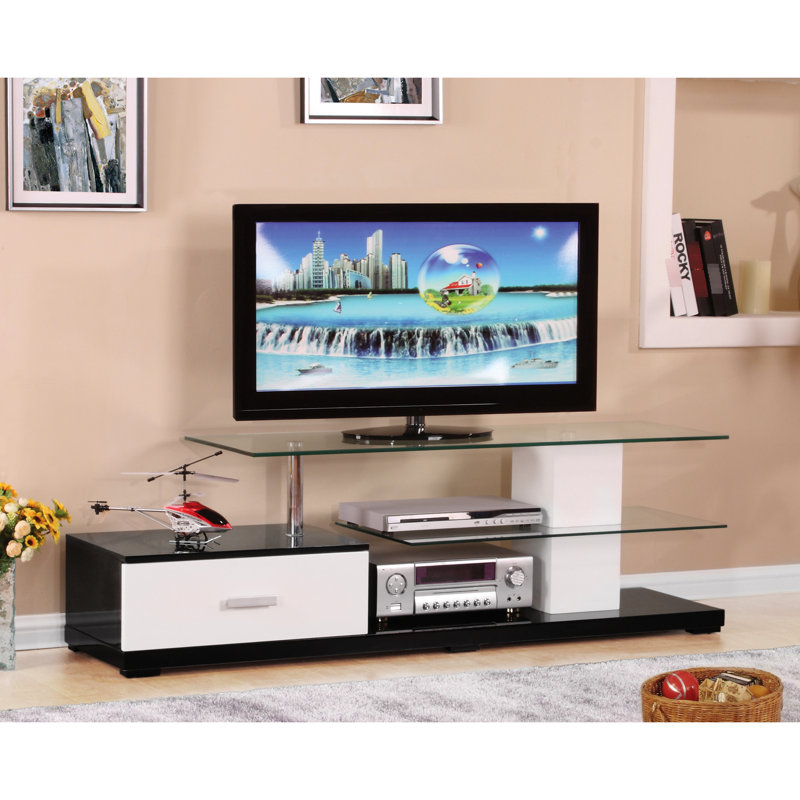 Meuble télé blanc et noir, 1 tiroir et 2 tablettes ouvertes pour téléviseurs à écran plat de 60 po rectangulaires noirs avec compartiments