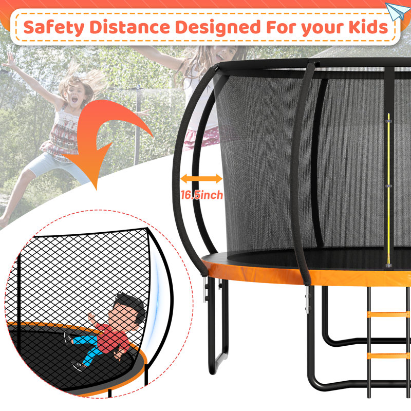 12 FT Black and Orange Outdoor Trampoline with Safety Enclosure and Ladder
