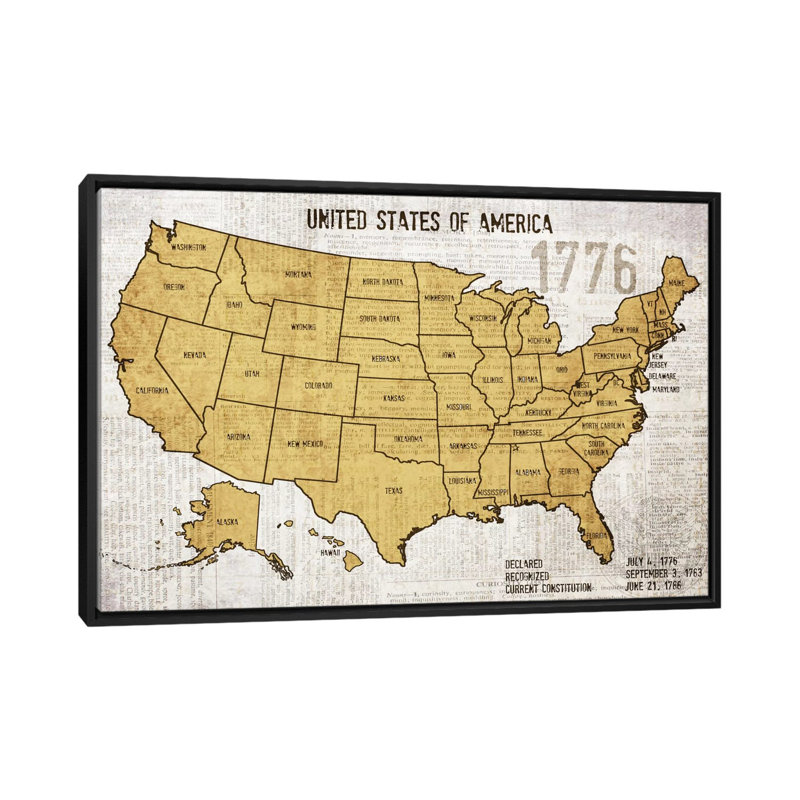 Carte des États-Unis, impression sur toile tendue, H 32 po x l 48 po x P 1,5 po, Toile avec cadre noir, Pas de tapis