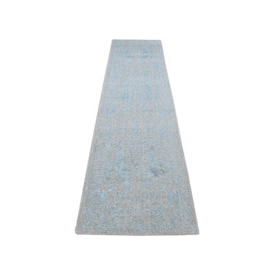 Tapis de couloir oriental bleu en laine et en soie tissé à la main 2 pi 6 po x 12 pi 1 po - MOA10287297