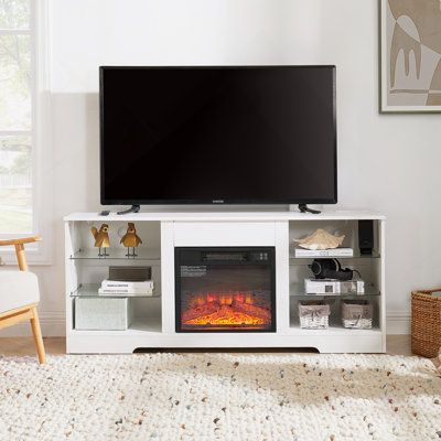 Modern TV Stand Electric Fireplace With Glass Shelves, LED Lights And USB Charging Outlet, Ideal For Enhancing Viewing Experience