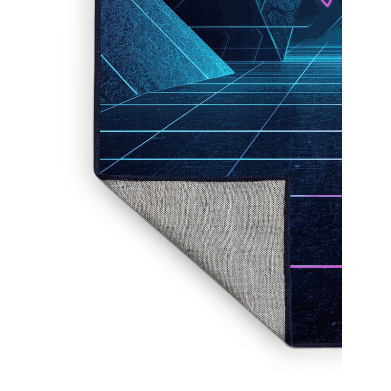 Machine Washable Wynsum Retro Geometric Rug in Blue – Navy Binding, 5x8