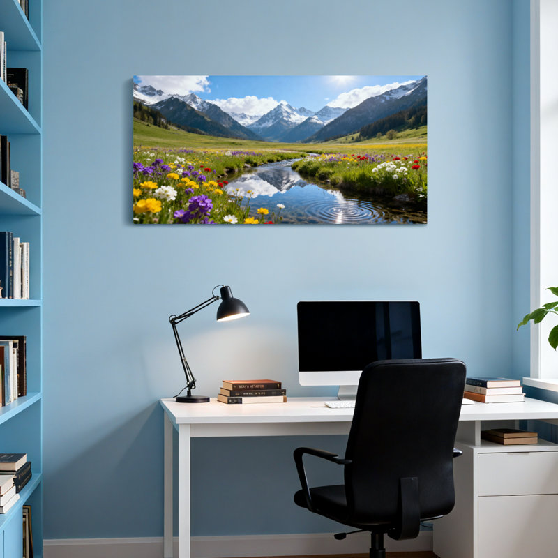 Paysage et nature Ruisseau de montagne avec reflets de fleurs sauvages, H 28 po x l 58 po