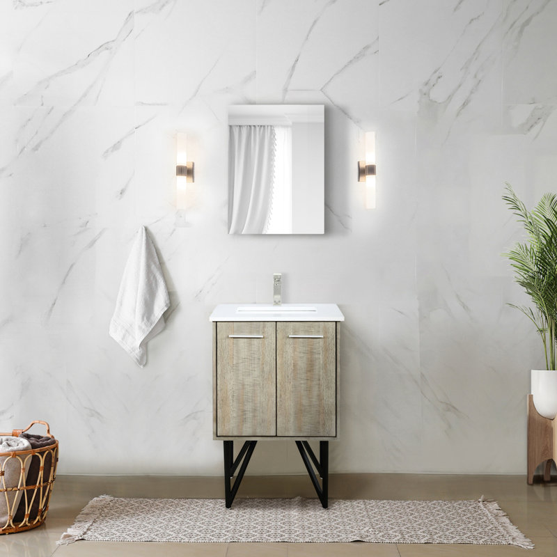 24 po L x P 20 po, meuble-lavabo de salle de bain rustique avec surface en quartz blanc, 18 miroirs carrés pivotants, tiroirs à fermeture en douceur et espace pour le comptoir de la salle de bain, tablette ouverte à charnières horizontales