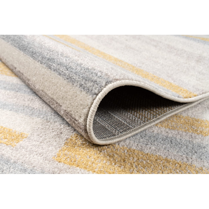 Tapis géométrique moderne contemporain pour le salon en jaune moutarde et beige, Rectangle 5 pi 3 po x 7 pi 3 po