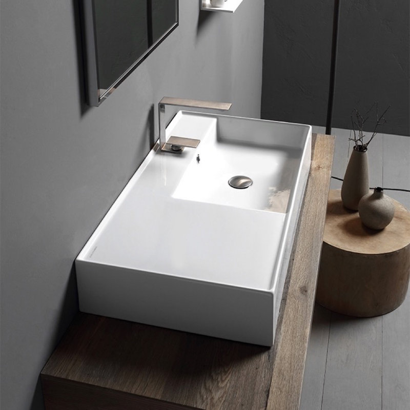 Scarabeo By Nameeks 17.3'' White Ceramic Rectangular Vessel, Wall Mount Bathroom Sink with Overflow, Three Hole