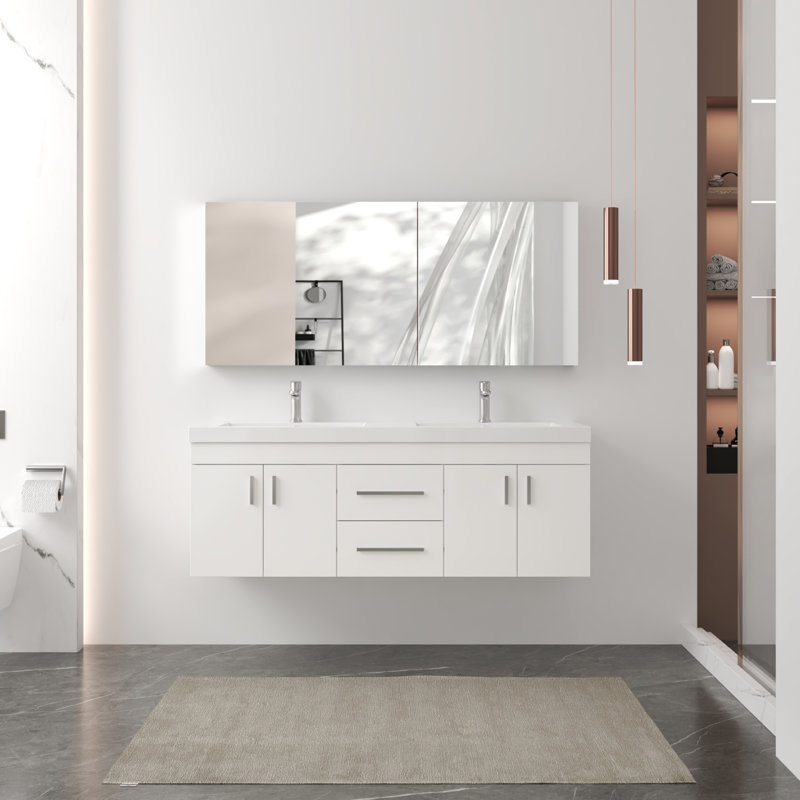 Avalia 60'' Wall Mounted Double Bathroom Vanity with Solid Surface Top, White
