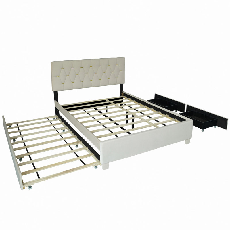 Lit gigogne escamotable beige avec rangement et tiroir