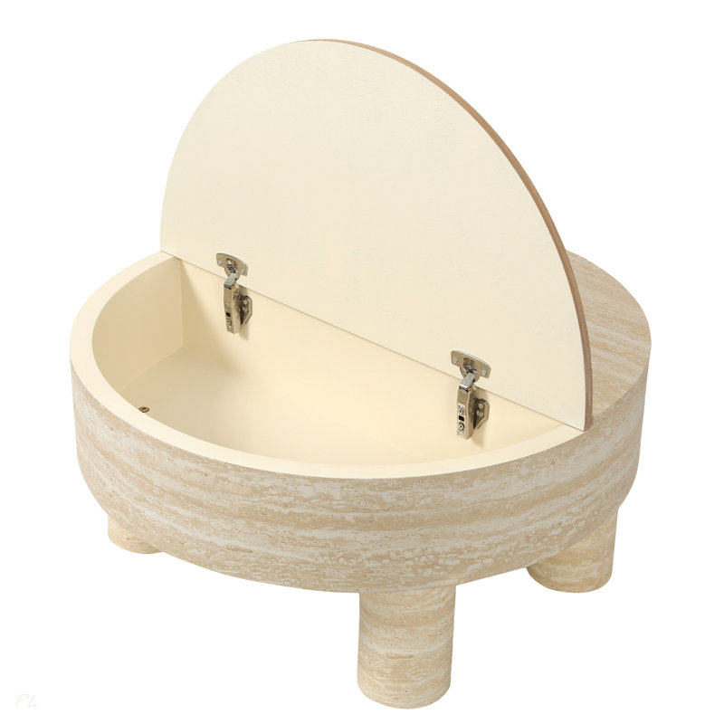Table basse ronde avec plateau rabattable et compartiment de rangement caché
