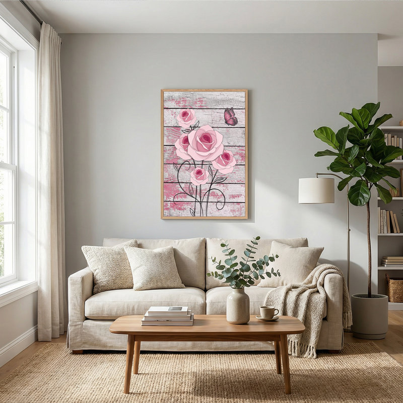Art mural sur toile, roses roses et papillons sur planches de bois blanc vieilli, H 24 po x l 18 po