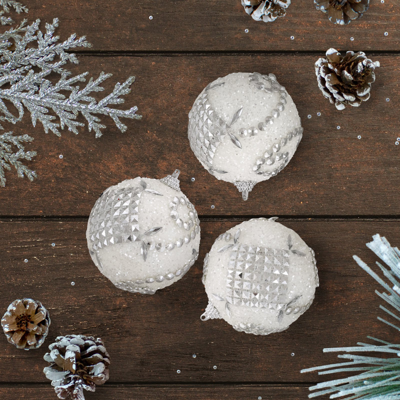Ornements en forme de boule de Noël incassable avec tourbillons blancs et argent 3 carats 3 po (75 mm)
