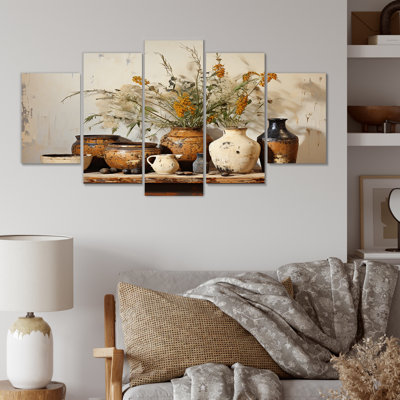  «Brown Floral Vintage Pottery Artifacts - Boho Pottery Multipanel Wall Art Canvas