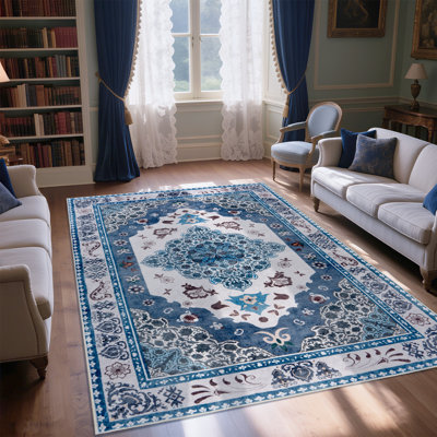 Vintage Boho Area Rug, 6x9 Rugs for Living Room, Soft Low Pile Indoor Outdoor Rugs,   Washable Non Slip Faux Wool Throw Rug, Large Carpet for Bedroom Dining Room Table Home Decor Use, Ideal For High Traffic Areas