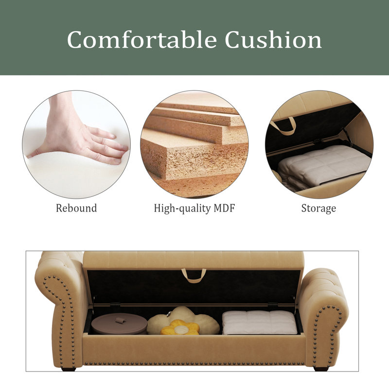 64.5" Bed Bench For Bed Room Nails Tufted Chaise Of Lounge With Storage Velvet Upholstery, Khaki