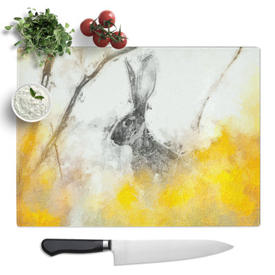 Alert Hare In The Meadow  Glass Chopping Board