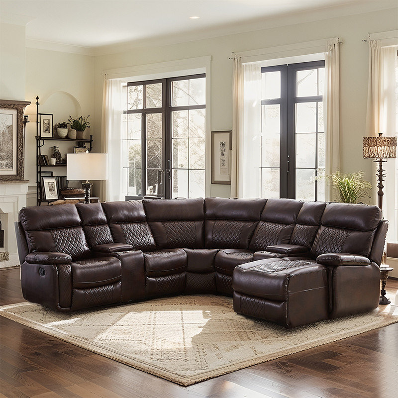 Canapé modulaire en cuir avec fauteuil inclinable, canapé modulaire d'angle manuel à 5 places avec console, boîte de rangement, 2 porte-gobelets
