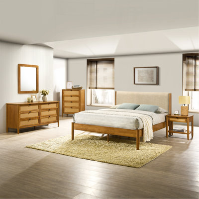 Vichy 5-Piece Bedroom Set With Textured Polyester Upholstered Queen Bed, Dresser, Mirror, Nightstand, And Chest