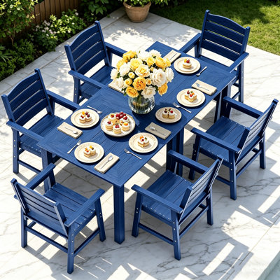  6 - Person All Weather Outdoor Table and Chairs 8 Pieces Patio Dining Sets Outside Furniture With Aluminum Frame HIPS Modern Patio Dining Set For Outside Backyard/Porch/Deck, 2-Tables 6-Chairs, Dark Blue