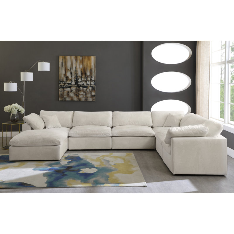 Cozy 158" Wide Velvet Reversible Modular Sofa & Chaise with Ottoman, Cream Velvet