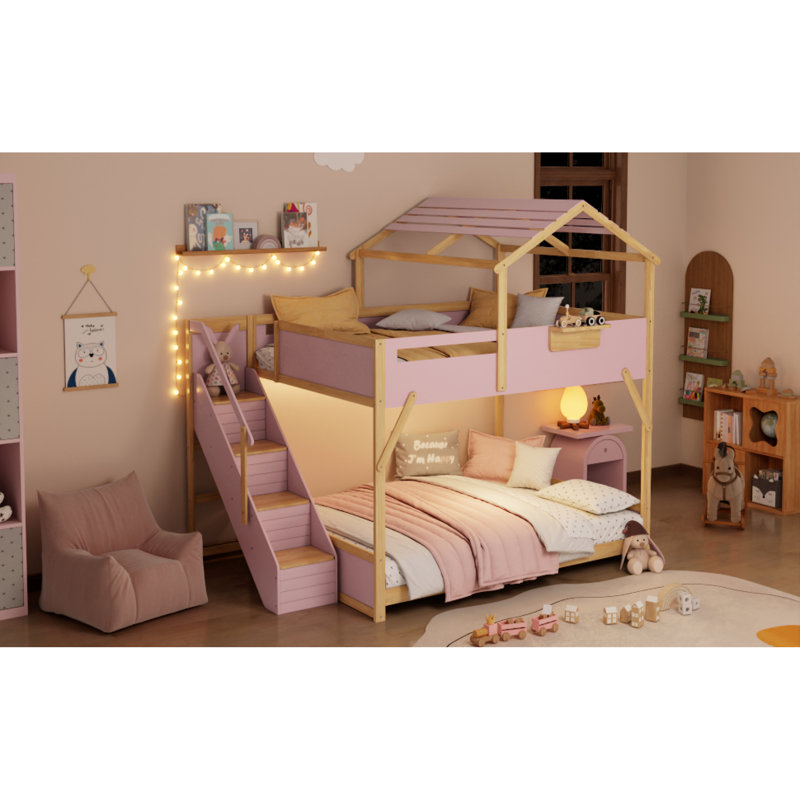 Lit de cabane à DEL avec rangement, lit double en MDF moderne pour enfants, Pink