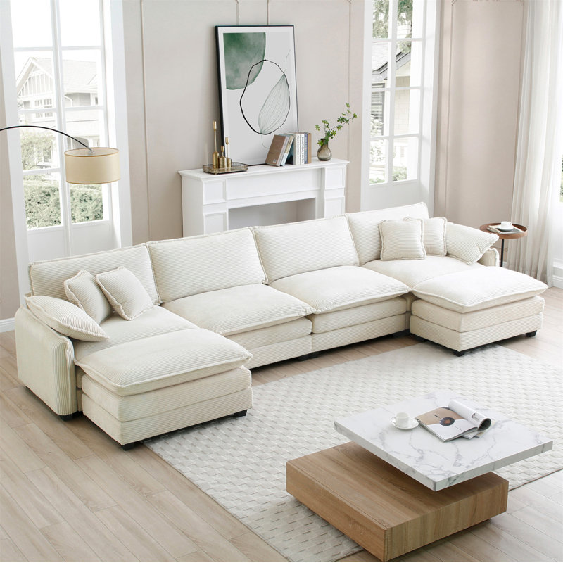 Oversized Modular Cushioned Sofa With Conversible Ottoman, Beige, 33.85" H x 150.38" W x 34.25" D
