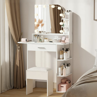 Meuble-lavabo avec miroir à DEL et prise de courant Monait, meuble-lavabo avec panneau rabattable pour chambre à coucher