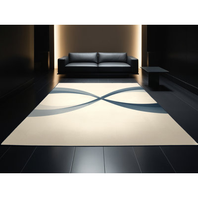 Machine Washable Paizley Infinity Symbol Minimalist Rug in Beige – Navy Binding