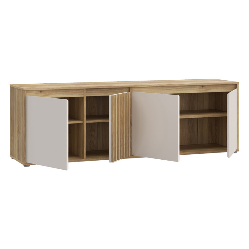 Scandi Style Lowboard with 4 Doors, Slatted Details, TV Rack, Living Room, Engineered Wood, Warm Oak Decor/Beige, 174.3 cm W x 56.1 cm H x 41.5 cm D
