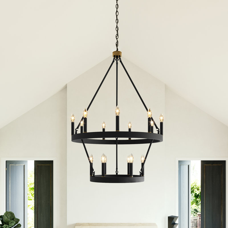 Adriana 15-Light 2-Tier Dimmable Wagon Wheel Chandelier, Brass/Black