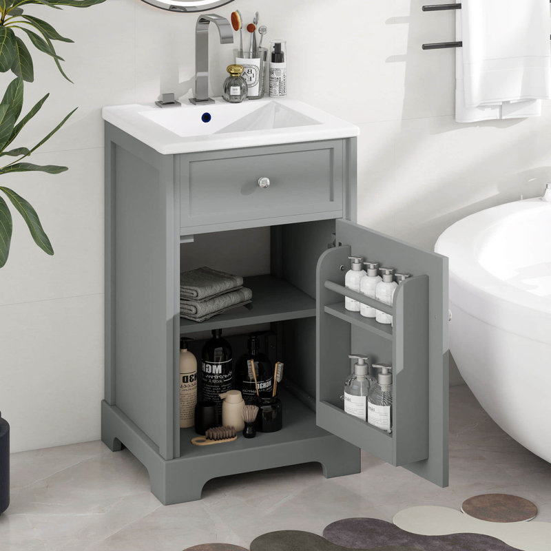 Meuble-lavabo de 20 po avec lavabo supérieur en céramique, armoire de salle de bain, support de rangement à deux niveaux et tablettes réglables