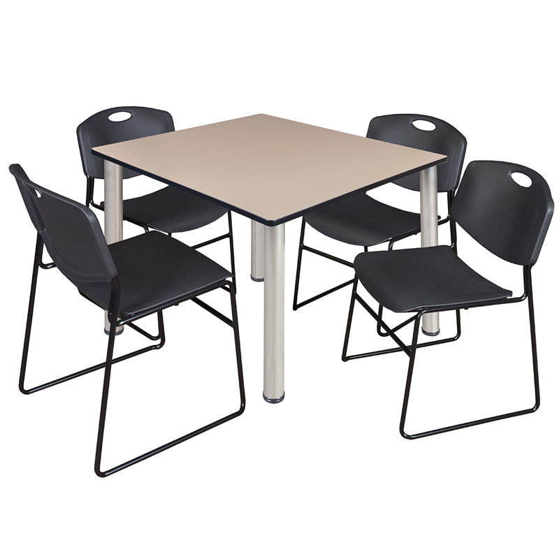Plateau de table Kee Square, 4 chaises empilables Zeng, H 29 po x l 48 po x P 48 po, Érable / chrome, Noir