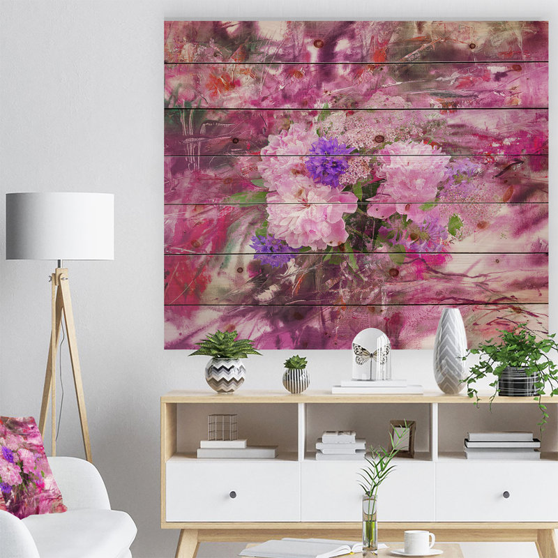 Abstrait avec pivoine rose - peinture sur bois sans cadre, H 30 po x l 40 po x P 1 po