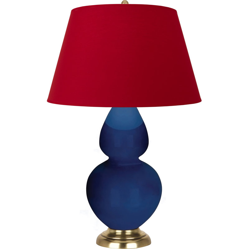 Lampe de table double gourde en céramique, Cobalt verni / laiton, Blanc cassé, Laiton