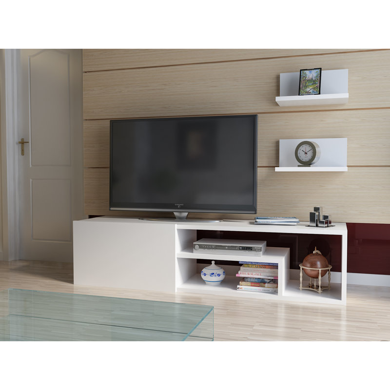 Modern White TV Unit with Wall Shelves, 47.2 x 11.6 x 11.6 in | 100% Melamine Coated Particle Board, Thickness: 0.7 in | Numerous Shelves, Wall-Mountable Design, Perfect for Stylish Living Rooms & Entertainment Spaces