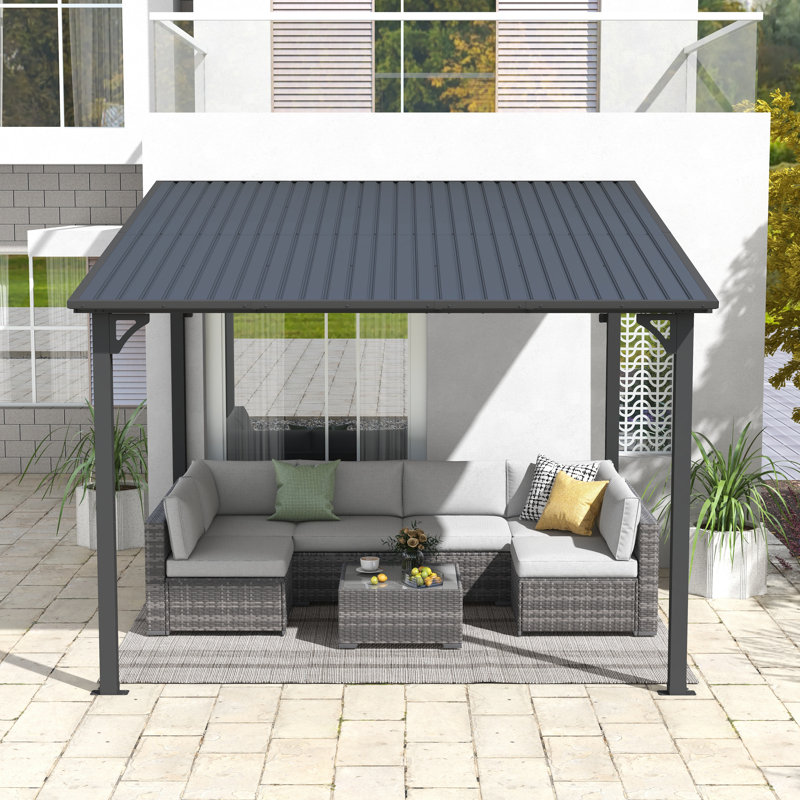 Galvanized Steel Patio Pergola Wall-Mounted With Sloping Roof, 98.1" H x 111.3" W x 110.3" D