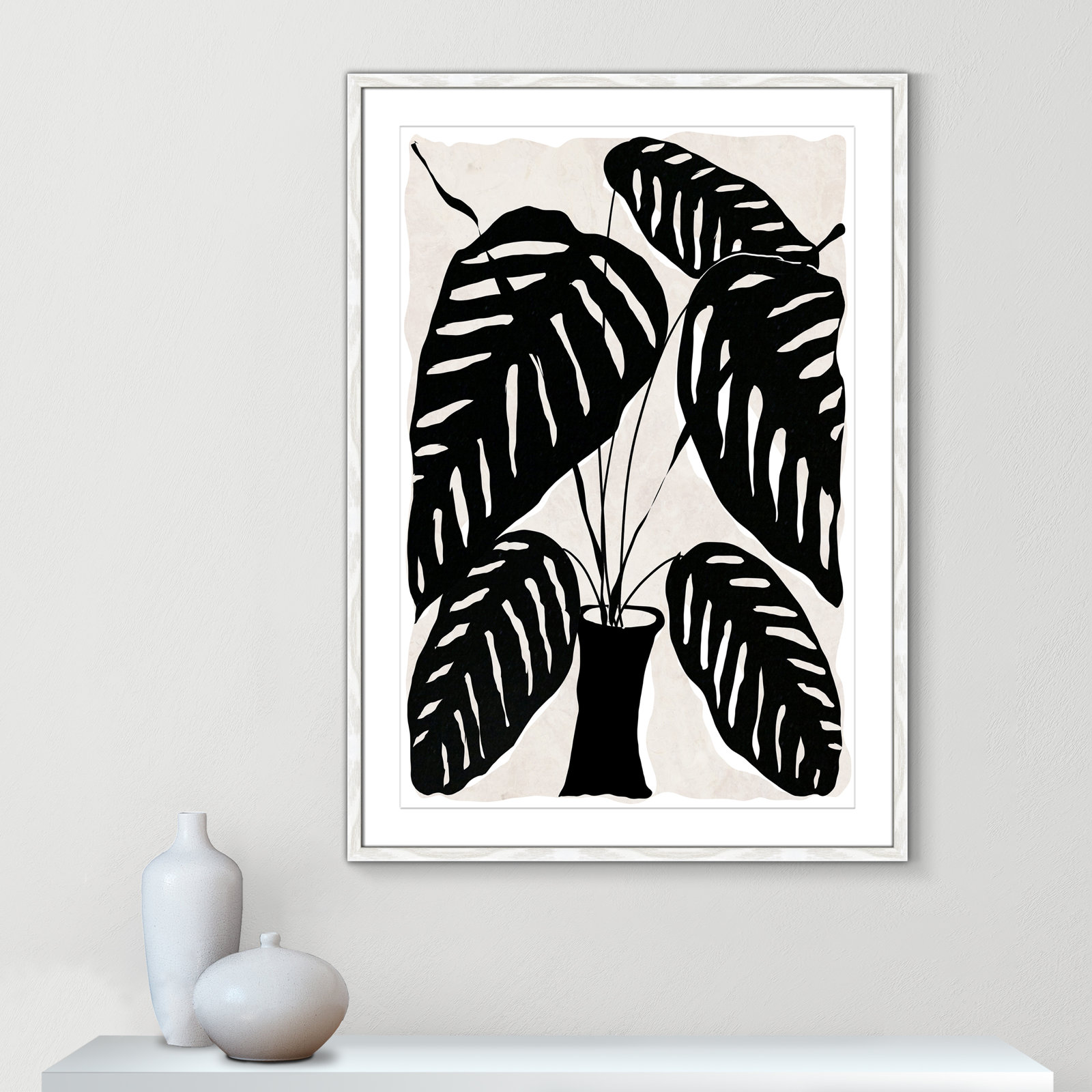 Black And White Potted Plant I by Daniela Santiago, 41.5" H x 29.5" W x 0.75" D, White Framed