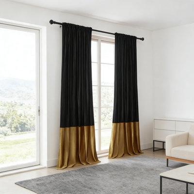 Blackout Velvet Curtains With Modern Color Block Design, Back Tab And Rod Pocket For Soundproof Window Treatments In Living Room Or Bedroom, 2 Panels Per Pack