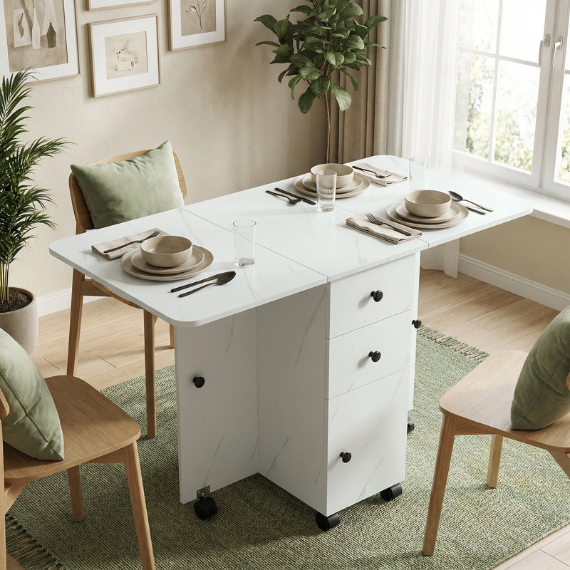 Foldable Dining Table, Drop Leaf Table on Wheels, Marble White
