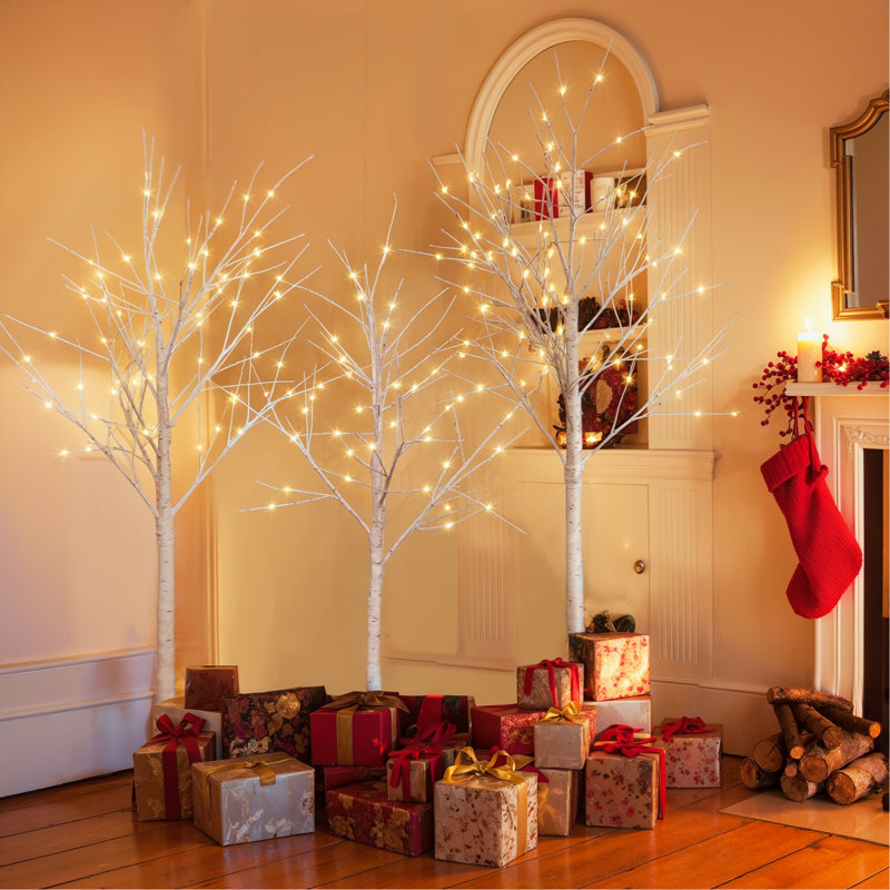 Ensemble de bouleau illuminé, arbre artificiel 4 lumières, 48 ​​lumières DEL / 5 pi 72 lumières DEL / 6 pi, 96 lumières DEL blanc chaud, arbre de Noël pour la décoration intérieure et extérieure