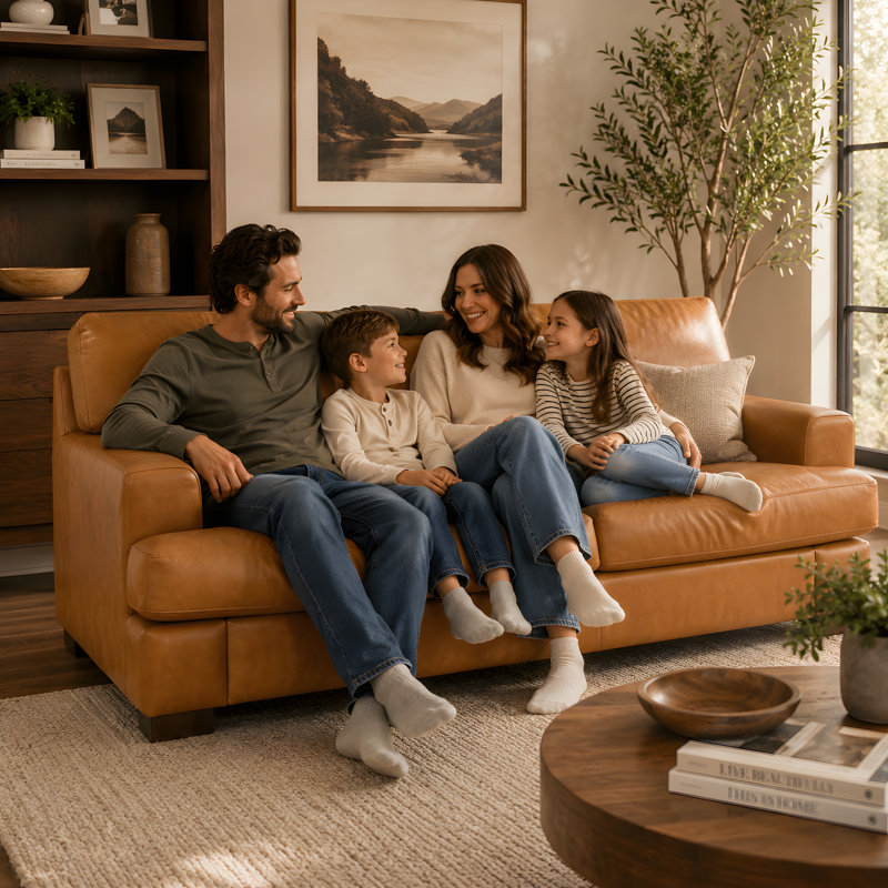 Oversized Genuine Leather Sofa, Deep Seated Couch with Plush Goose Feather Cushions, Square Arm Modern Sofa for Living Room & Lounge 