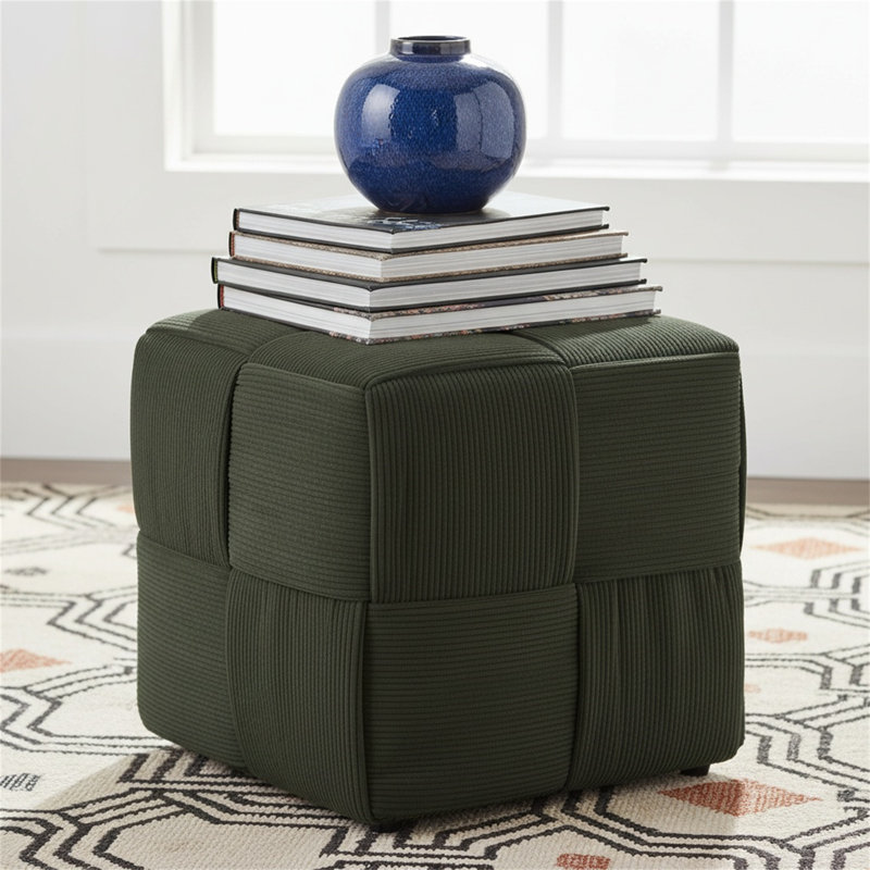 Square Ottoman Footstool, Soft And Comfortable Corduroy Woven Design Sofa Stool, Green